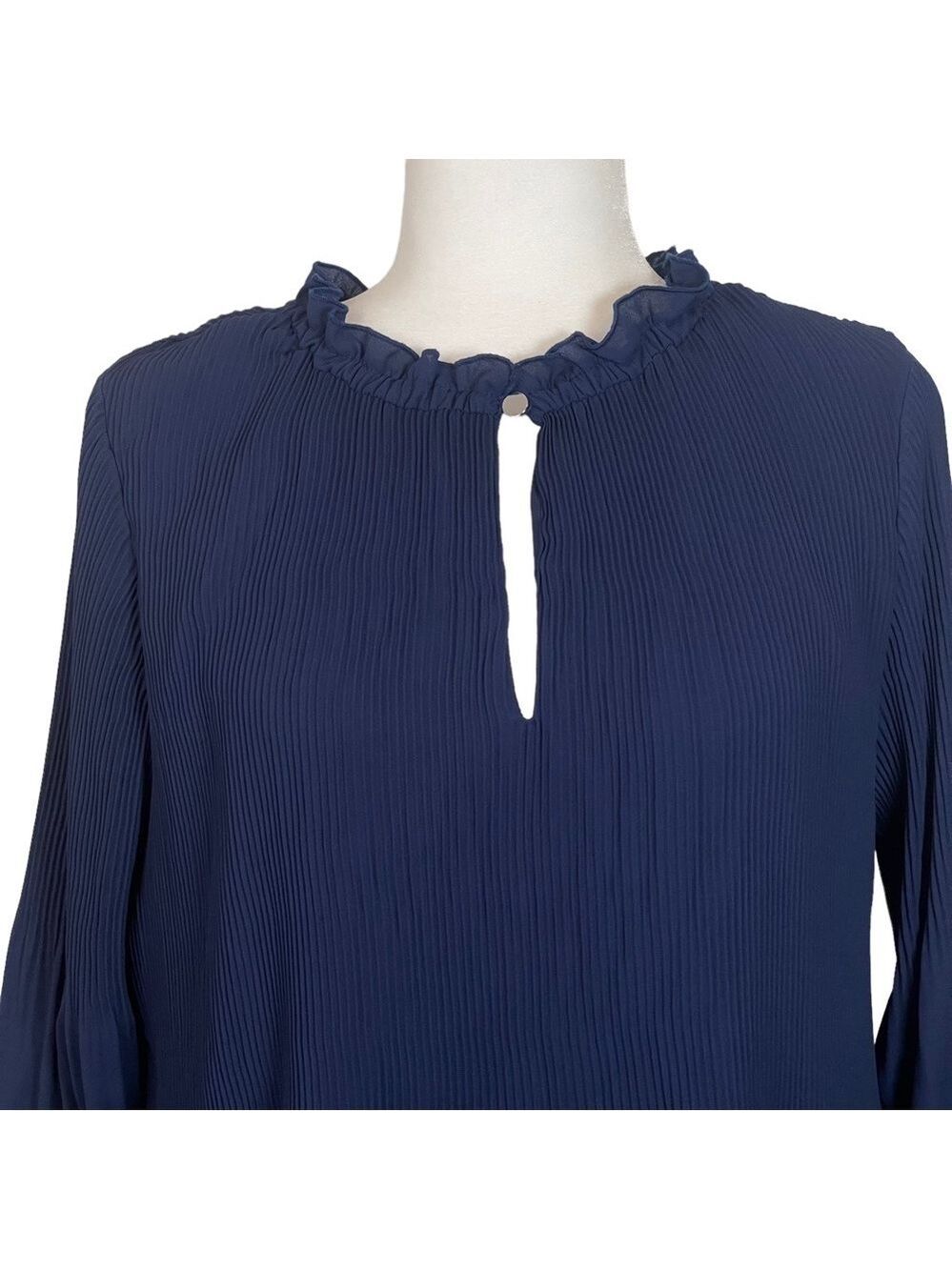 Halston Blue High Neck Keyhole Pleated Ling Sleeved Stretch MIDI Dress S… - Picture 3 of 16